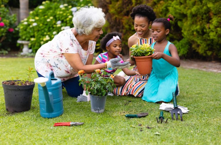 A senior gardens with their adult child and grandchildren, putting yellow flowers in pots.