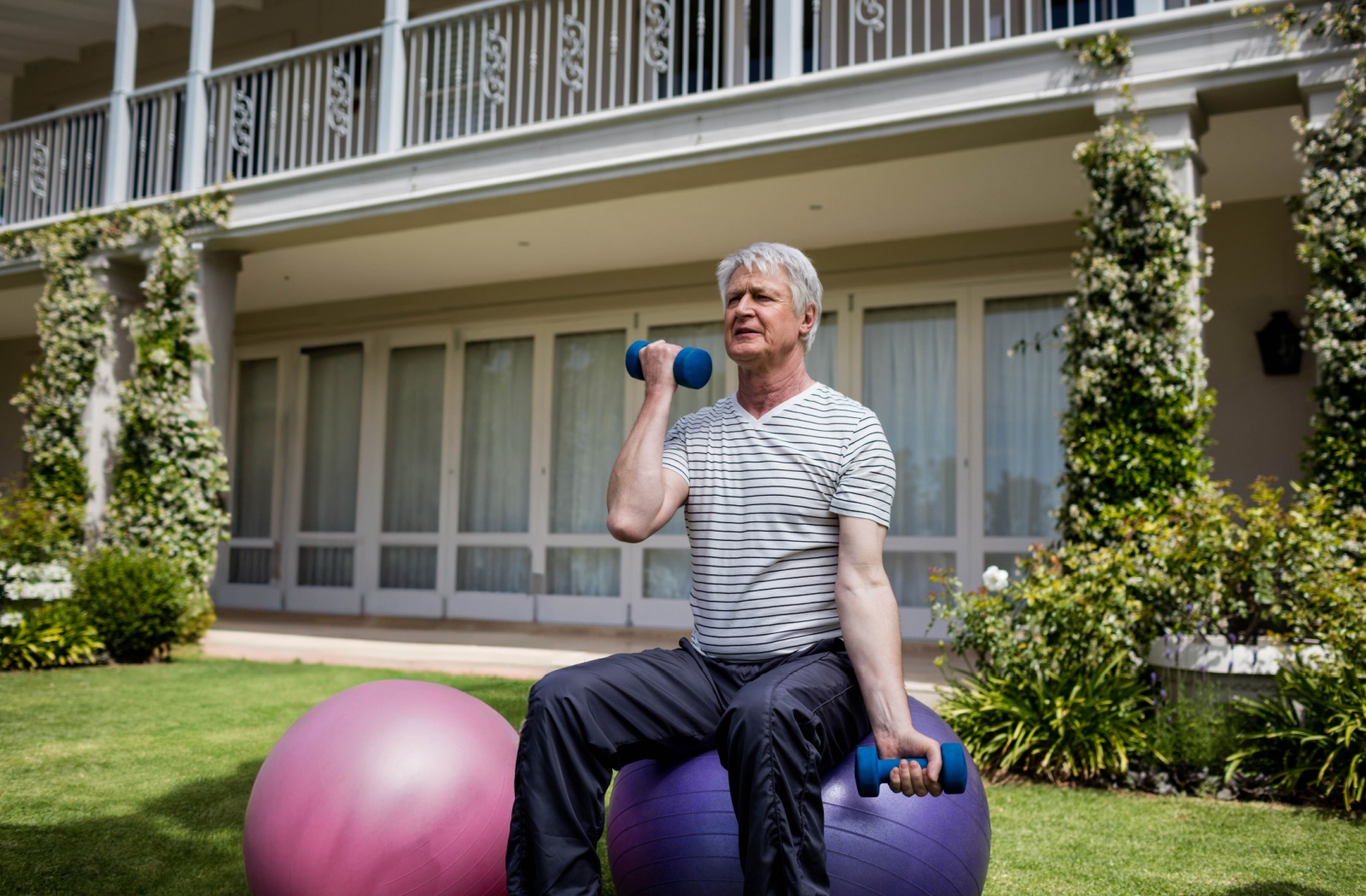 A senior sitting outdoors on a purple exercise ball in a green space while lifting dumbbells in both arms to promote muscle gain and strength.