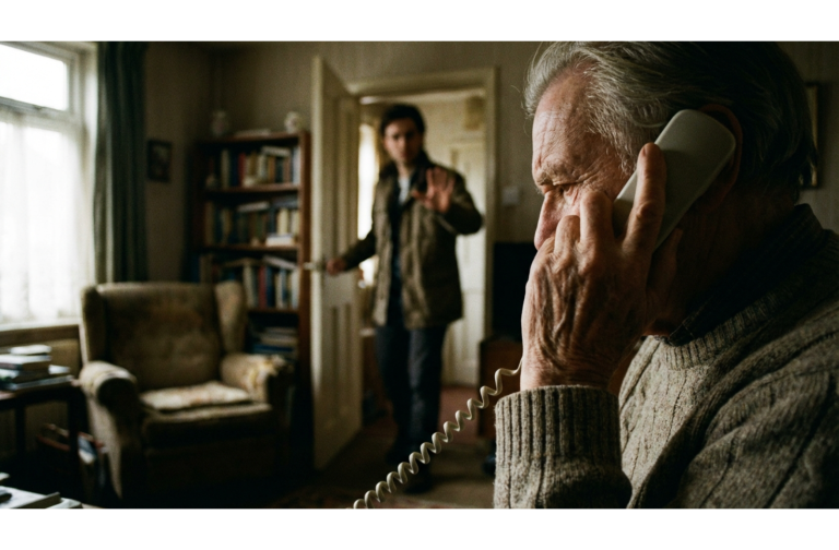 An older adult holds a phone to their ear, looking uncertain, as another person enters the room and gestures to wait.